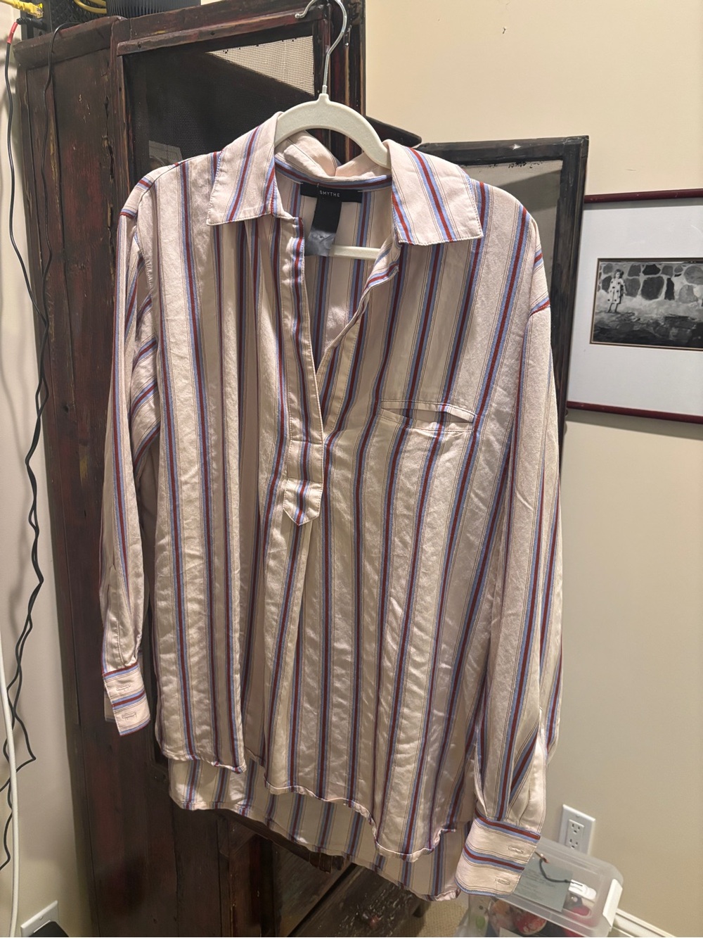 Smythe Cream Button-Down Shirt with Blue and Rust Stripes